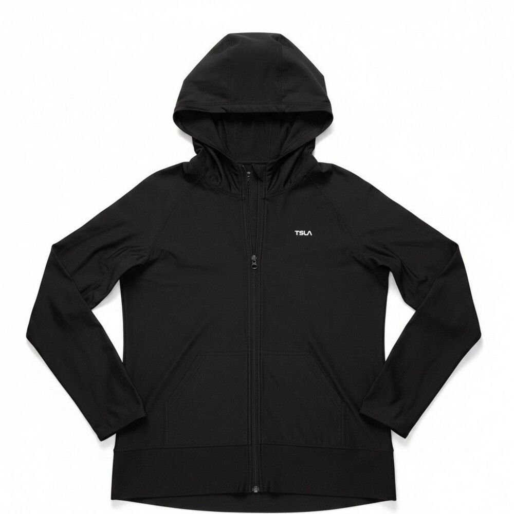 TSLA Jacket Women’s Size L Black Running Hooded Thumb Holes Full Zip Lightweight